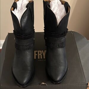Frye Black Leather Fringed Strap Ankle Booties